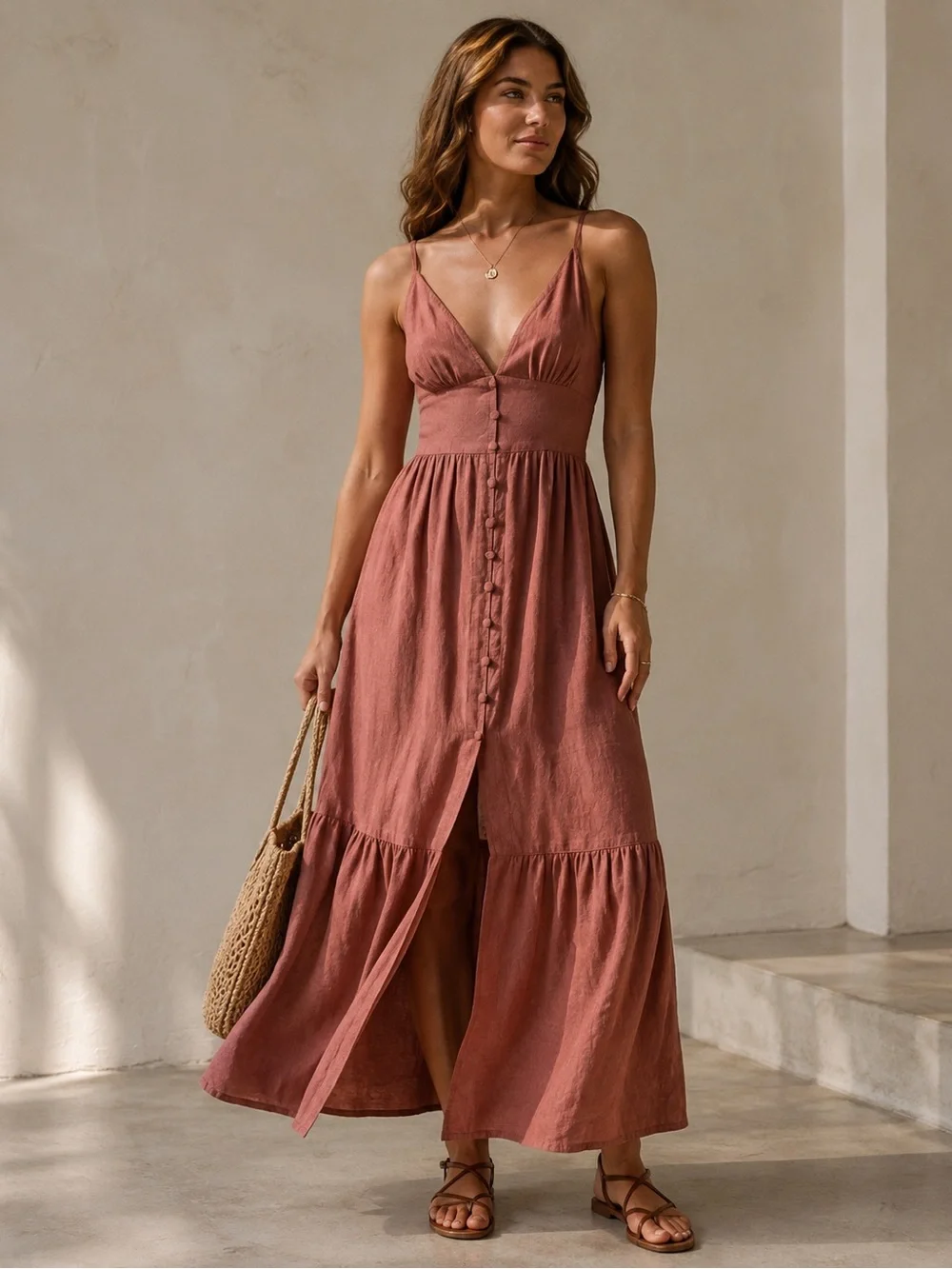 Abercrombie & Fitch NWT Button Through Maxi Dress Linen Blend in Rust Cinnamon S